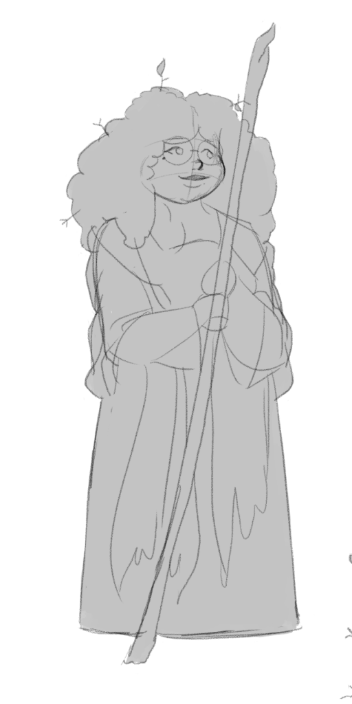 A digital sketch of a woman holding a staff.