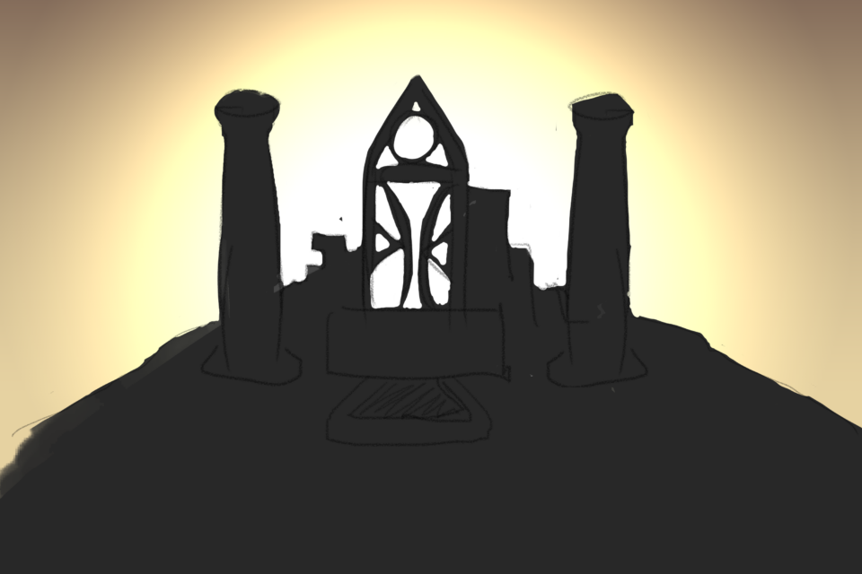 A digital illustration of the ruins of a shrine, silhouetted against a sunset.